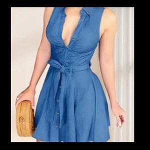 Women's Faux Denim Belted Dress, Denim Dress Size L